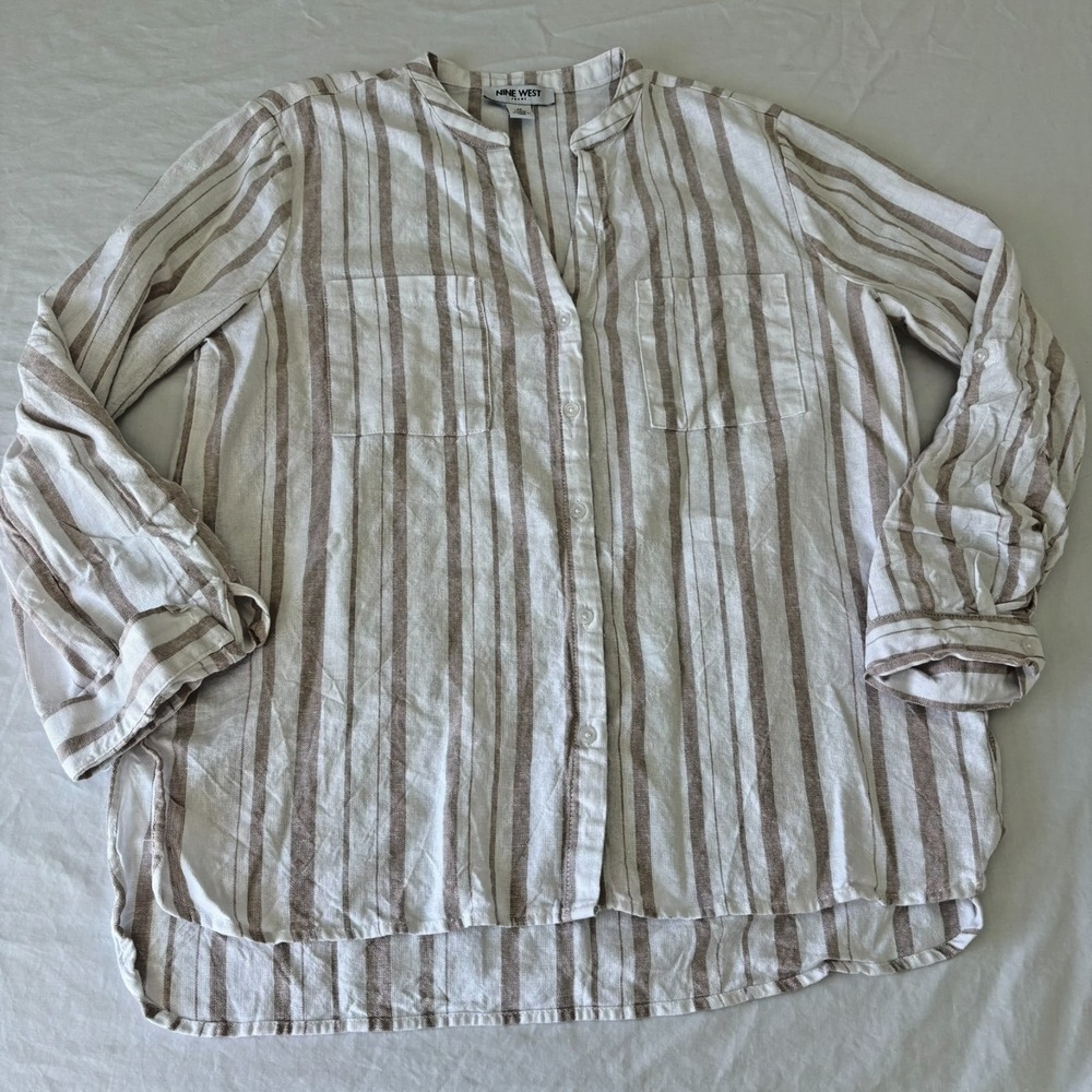 Nine West Womens White Beige Striped Summer Linen Blend Button-Up Shirt Size M